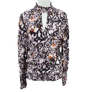 Parker New York Feline Print Silk Blend Mock Neck Keyhole Blouse XS‎ MSRP 248